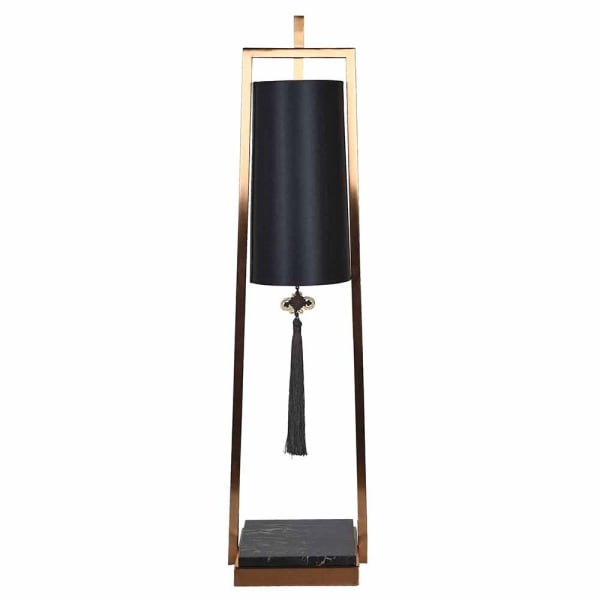 Tall black and gold table lamp with cylindrical linen shade and open metal frame
