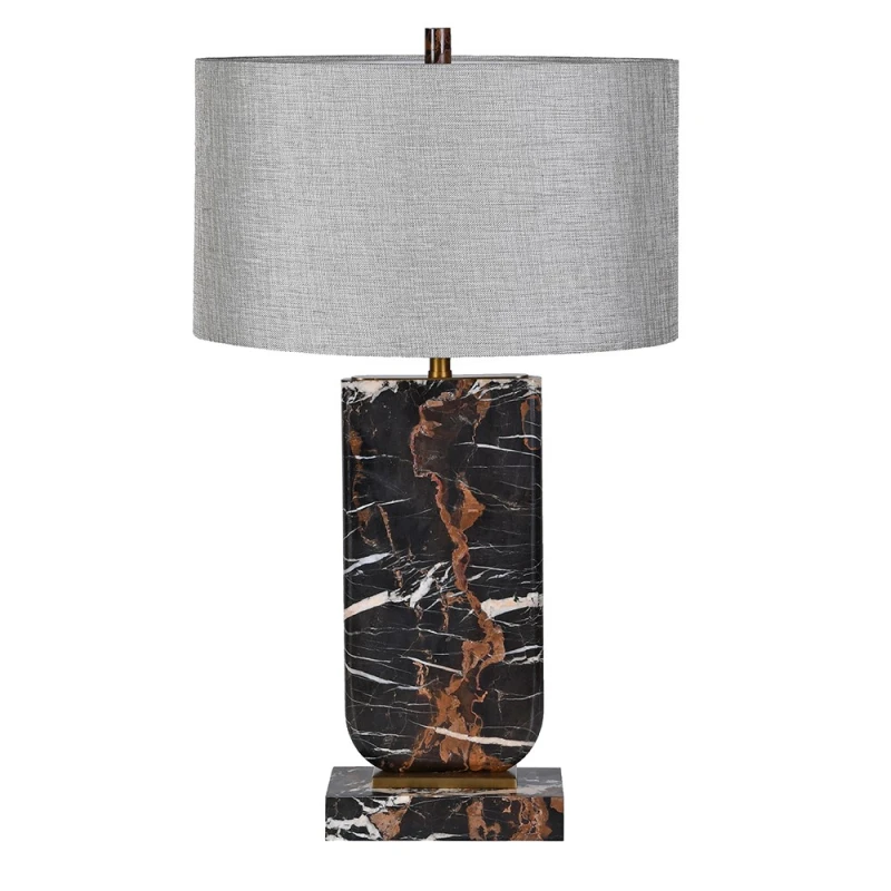 Large black marble table lamp with grey linen shade and rectangular stone plinth