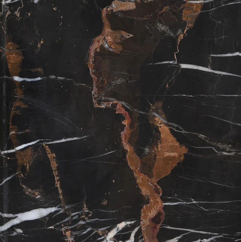 Natural black marble lamp base with white and copper-brown veining
