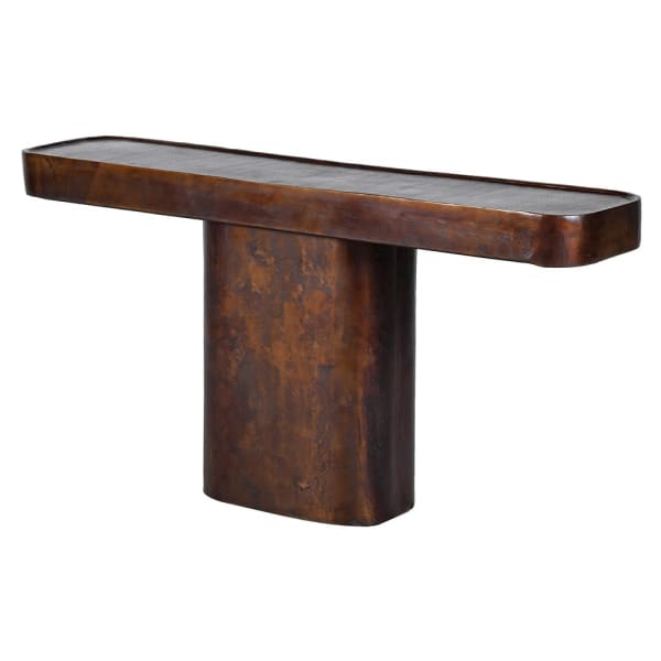 Sculptural bronze aluminium console table with rounded top and pedestal base