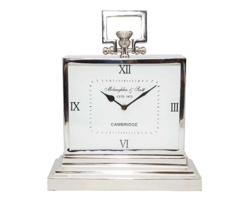 Silver Brompton mantel clock with a white dial