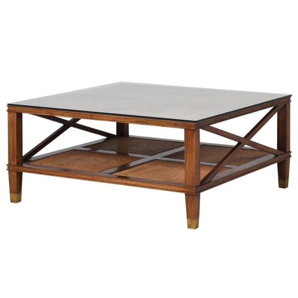 Shire Square Coffee Table in Indian Melia Wood – Brown, Glass Top, 100 × 100 cm