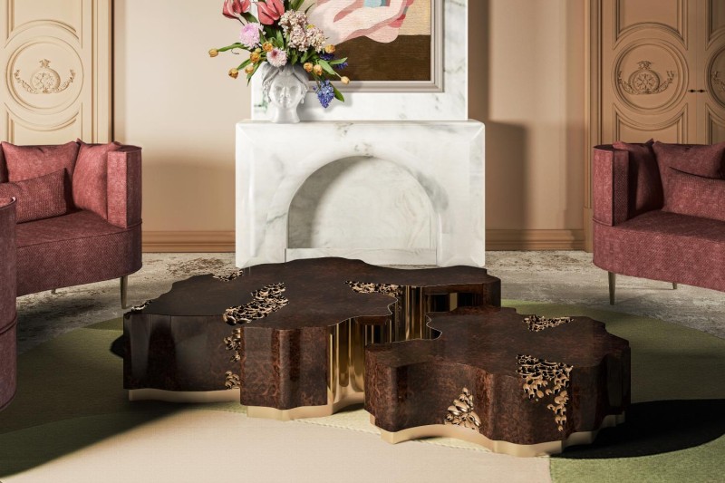 Horizon II Central Coffee Table by Malabar Italy walnut brass