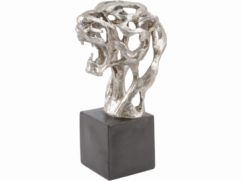 Silver Tiger sculpture 41 cm tiger head silver black base