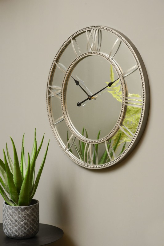 Linton Silver Mirrored Round Wall Clock 70 cm metal frame