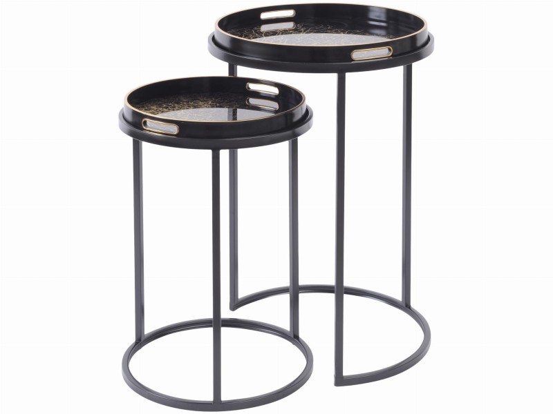 Brompton Black Set of Two Side Tables with Black and Gold Top Tray