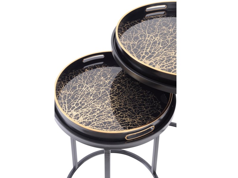 Brompton Black Set of Two Side Tables with Black and Gold Top Tray