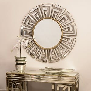 Round mirror with champagne gold geometric frame