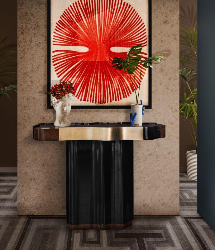 Horizon console table wood walnut black and gold