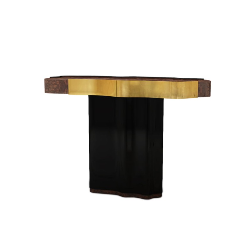 Horizon console table wood walnut black and gold
