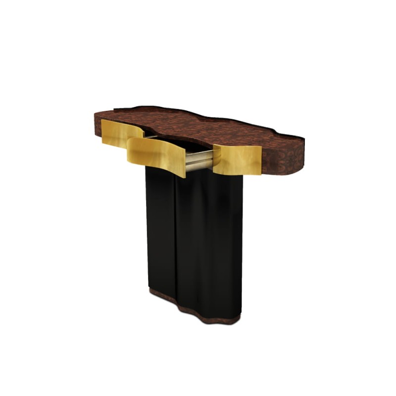 Horizon console table wood walnut black and gold