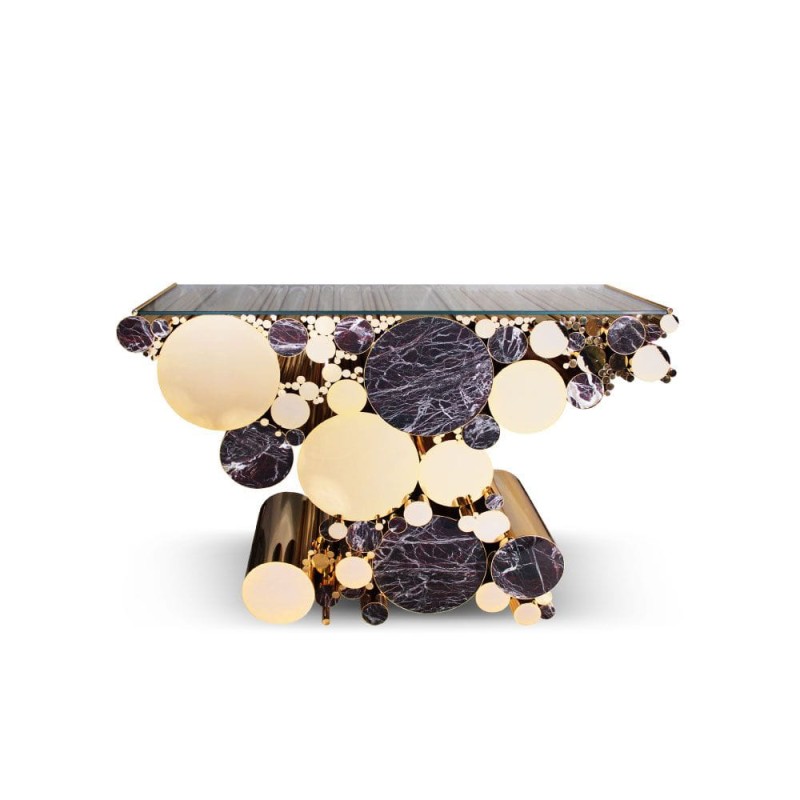 Malabar Wanderlust console table brass marble gold and black glass top