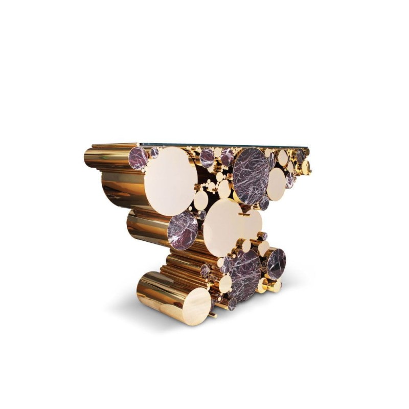Malabar Wanderlust console table brass marble gold and black glass top