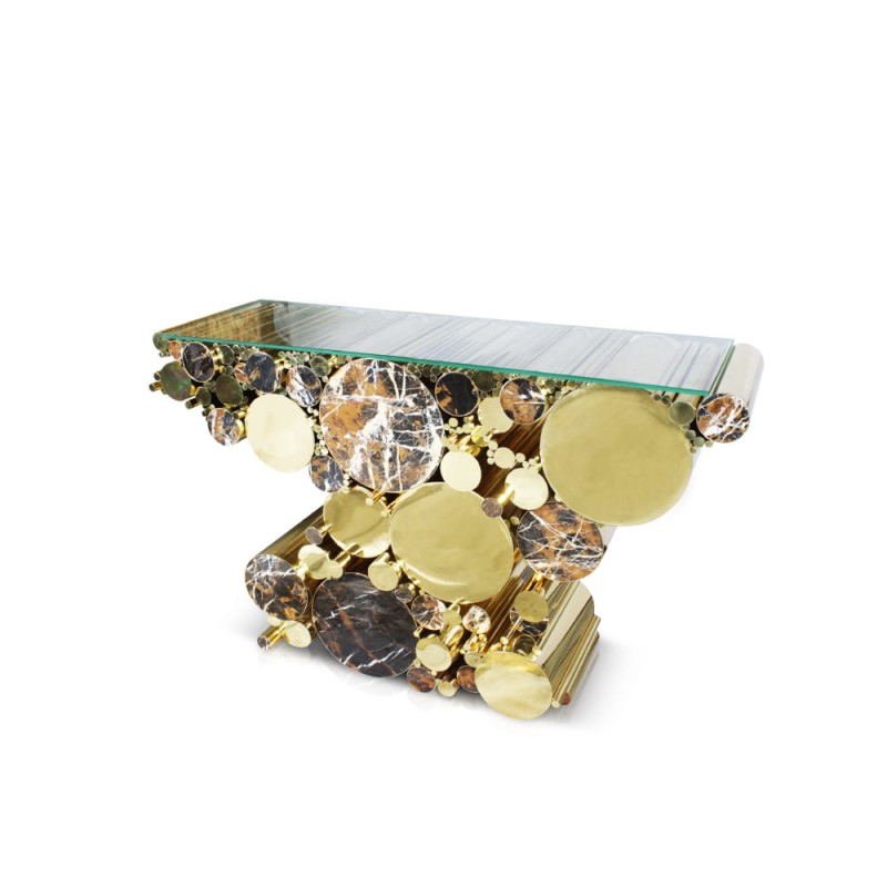 Malabar Wanderlust console table brass marble gold and black glass top