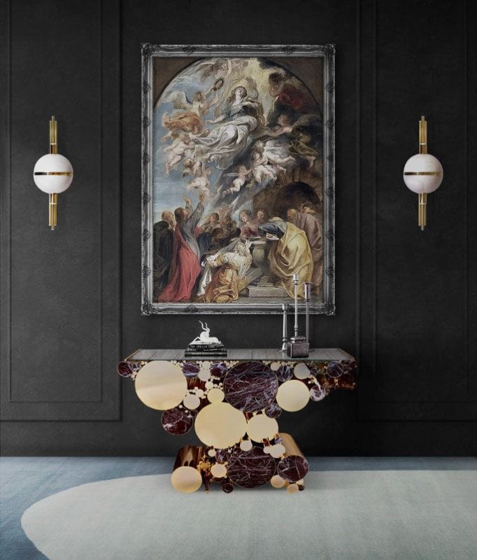Malabar Wanderlust console table brass marble gold and black glass top