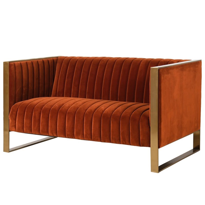 Luxury orange velvet two-seater sofa with gold stainless steel frame