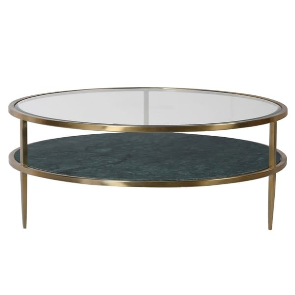 Savile Marble Round Coffee Table 100 cm green marble shelf glass top steel frame