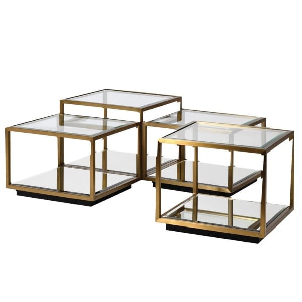 modular glass coffee tables with gold frames and mirrored shelves