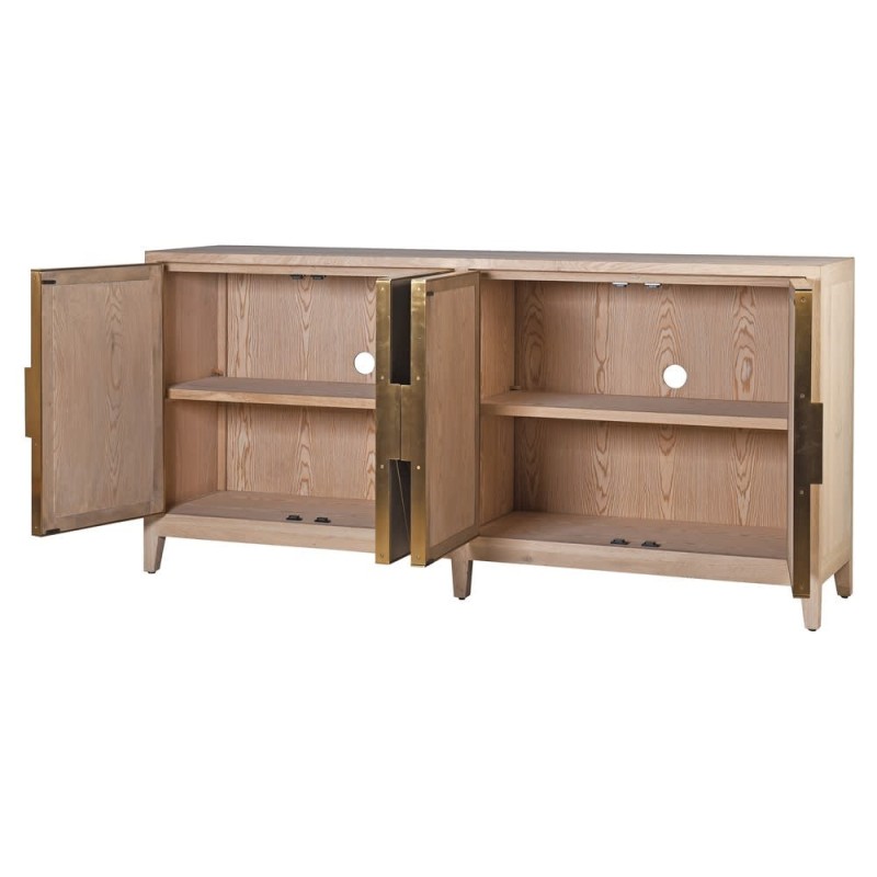 Eaton four-door sideboard 200cm with oak frame, grey panels and gold sunburst detailing