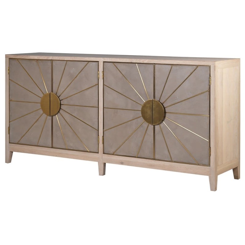 Eaton four-door sideboard 200cm with oak frame, grey panels and gold sunburst detailing