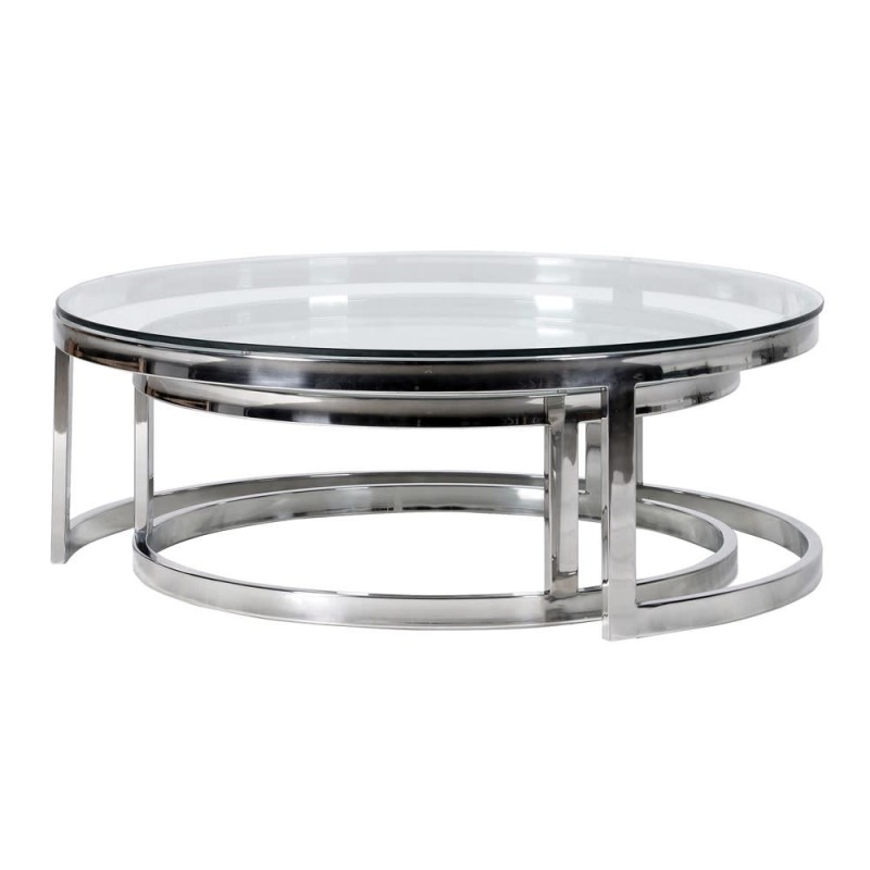 Set of 2 Round Linton Coffee Tables 100 cm glass top stainless steel base