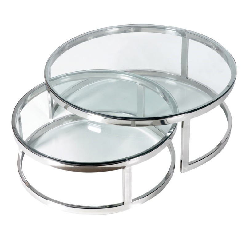 Set of 2 Round Linton Coffee Tables 100 cm glass top stainless steel base