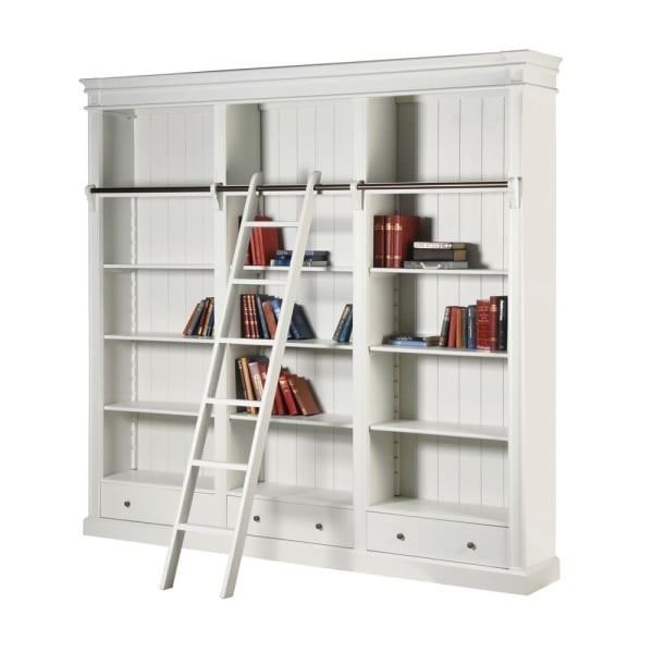 Minor White Bookcase with ladder 240x246 cm library with drawers poplar wood