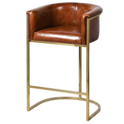 Chester Leather Bar Stool with Brown Seat and Gold Steel Frame