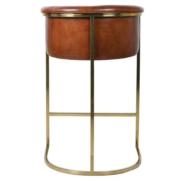 Curved brown leather backrest and gold frame of Chester bar chair