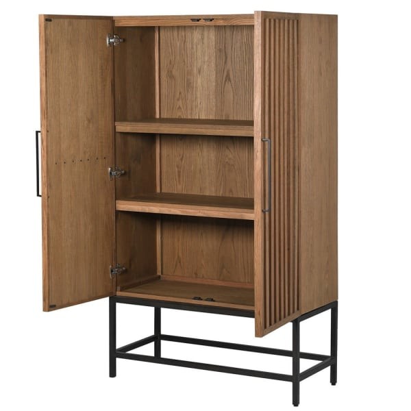 Natural wood cabinet with vertical slatted doors