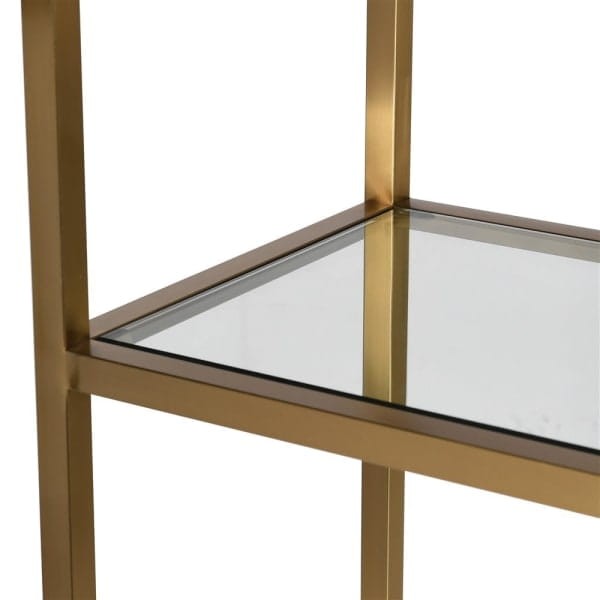 Gold shelving unit with four tempered glass shelves
