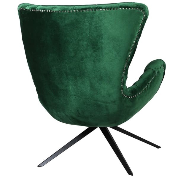 Rear view of Boscobel green velvet armchair with metal stud trim