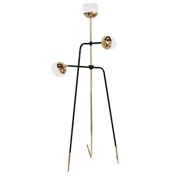 Black Widow floor lamp 180 cm three glass shades brass base