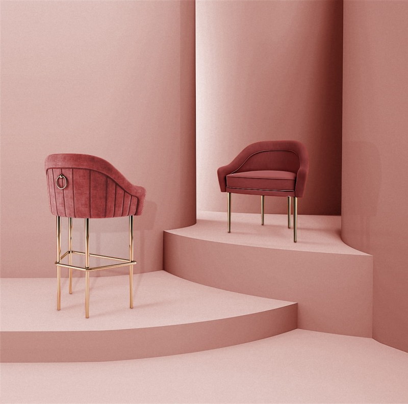 Katharina high bar chair beech wood brass cotton velvet by Ottiu