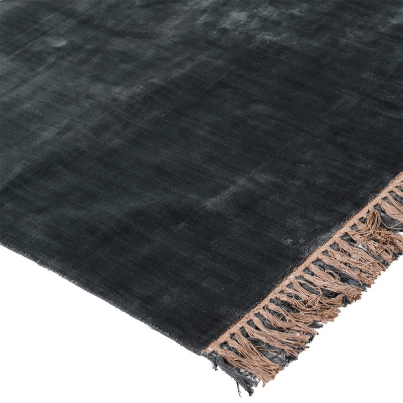 Luxury navy and gold viscose rug with decorative fringes for living room