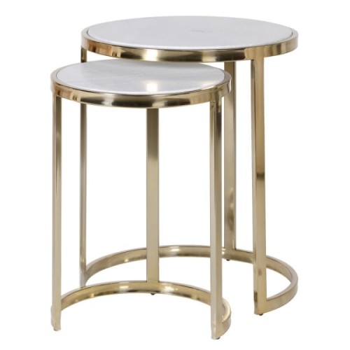 Kensington White Marble Top Side Tables with Gold Steel Bases