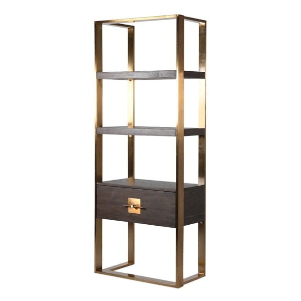 Brompton Gold shelving unit with ash veneer and stainless steel frame