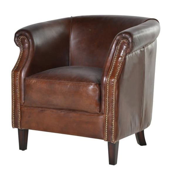 Vintage brown leather armchair in full-grain cowhide leather