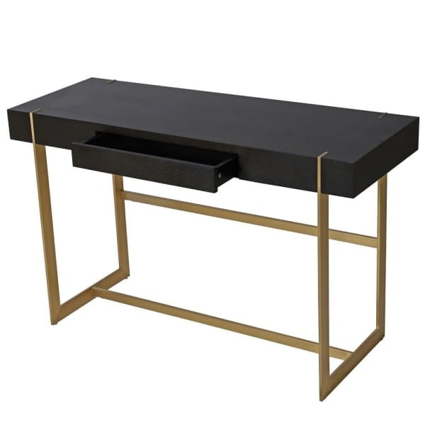Black and gold desk with stainless steel base