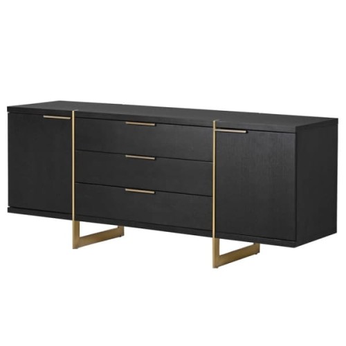 Simple Black Sideboard – 2-Door, 3-Drawer Cabinet in Oak with Gold Base, 160 cm