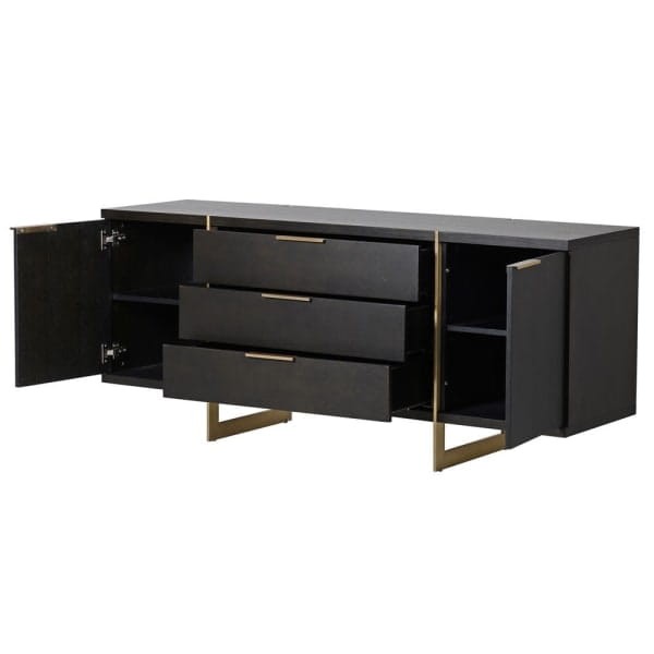 Large dark brown sideboard with gold frame in a living room