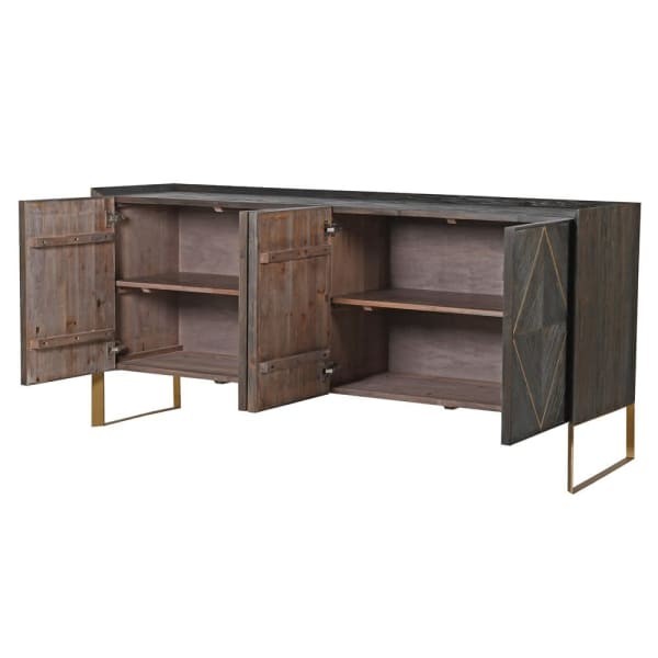 Dark brown sideboard with copper-toned metal details