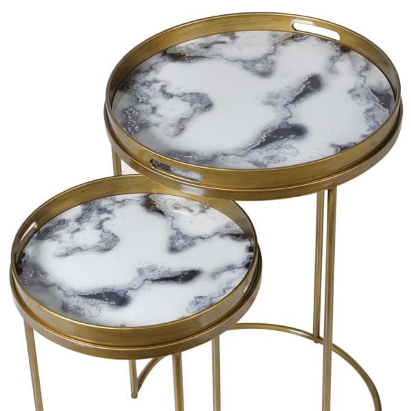 Halycon Gold side tables with removable marble-effect tray tops