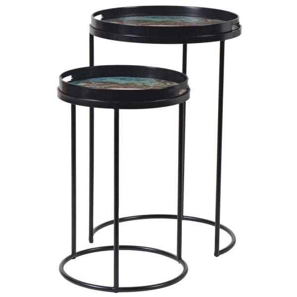 Halycon Black and Green Side Tables with iron frame and tray marble effect top