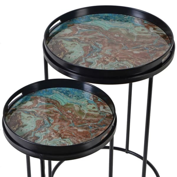 Halycon Black and Green Side Tables with iron frame and tray marble effect top