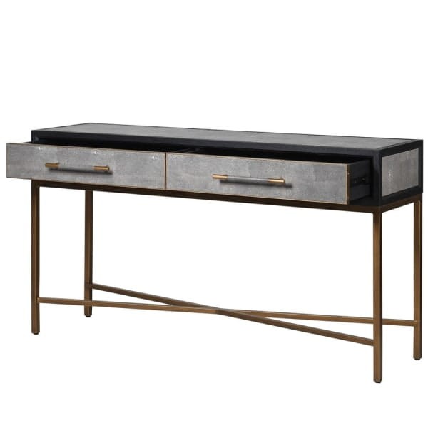 Grey console table with two drawers and brass-toned details