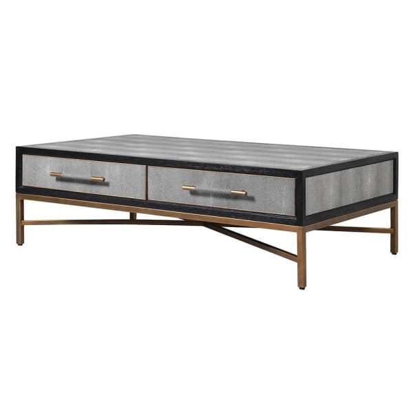Enderby II Coffee Table 140 × 80 cm – Grey Shagreen Finish, Oak Frame, Iron Detailing, Two Drawers