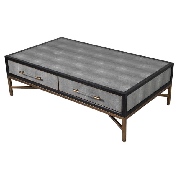 Enderby II Coffee Table 140 × 80 cm – Grey Shagreen Finish, Oak Frame, Iron Detailing, Two Drawers