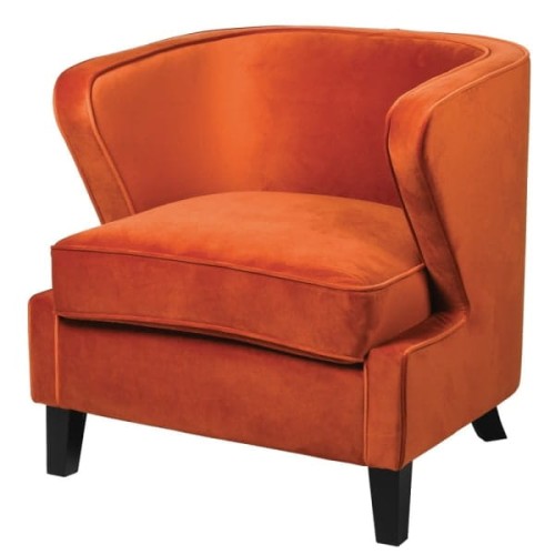 Chelsea Orange Armchair 78 cm – Curved Upholstered Chair with Black Legs