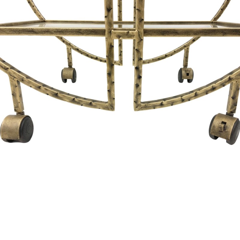 Savile Antique Gold Bar Trolley with Two Mirrored Shelves wheels